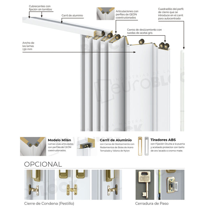 Puerta Plegable Madera Natural Laca Blanca Milán Alto 225 cm.