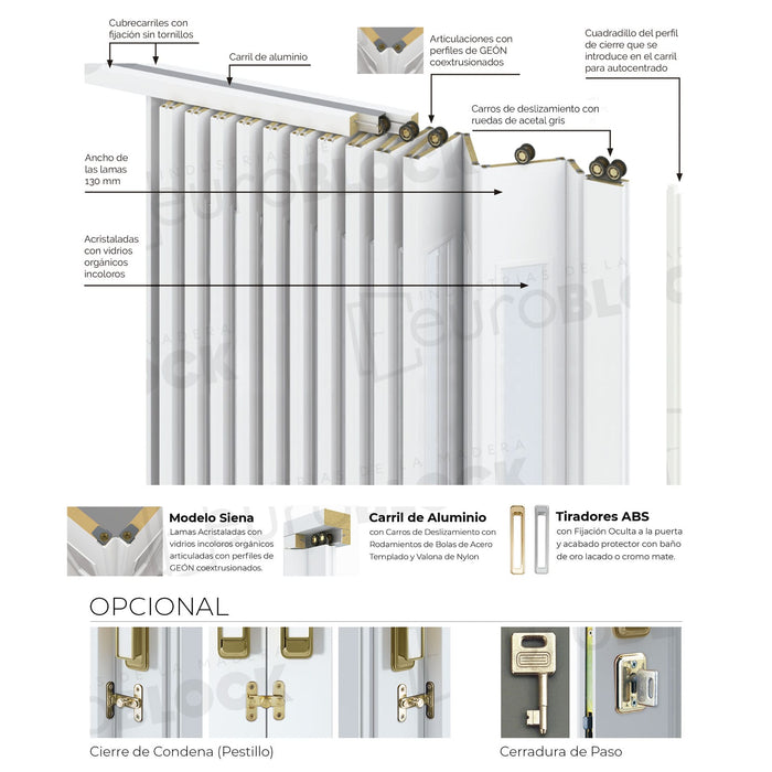 Puerta Plegable Acristalada Madera Natural Laca Blanca Siena Alto 205 cm.